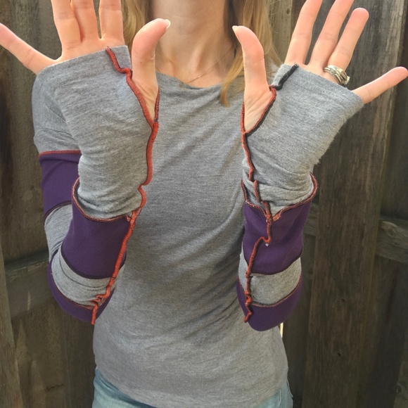 Trixy Xchange Tops - Upcycled Womens Purple Patchwork Shirt Size Medium Long Sleeve Gray Thumb Holes